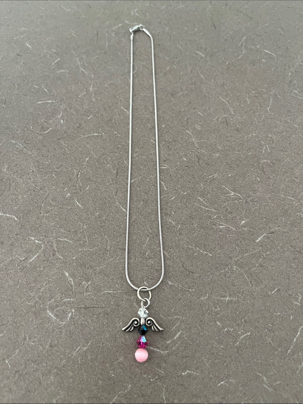 Silver Necklace with Pink Bead Angel Pendant 12”